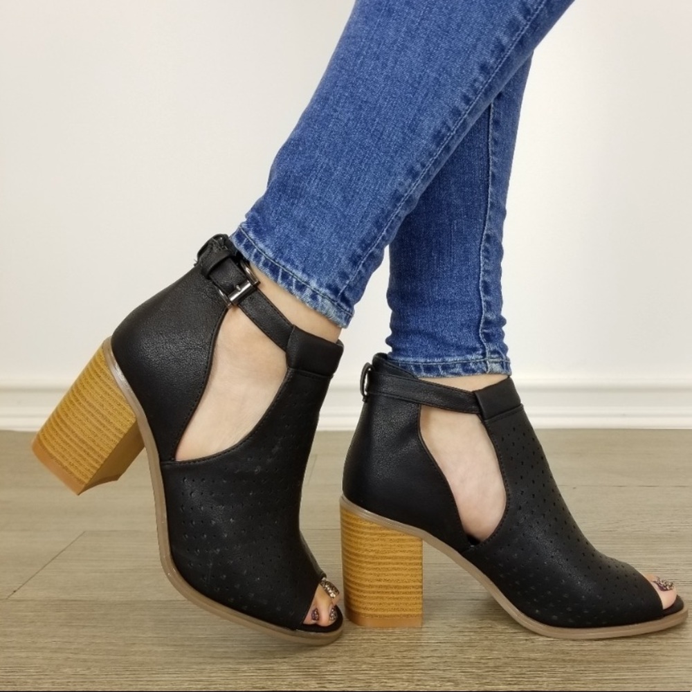 Peep Toe Black Faux Leather Bootie